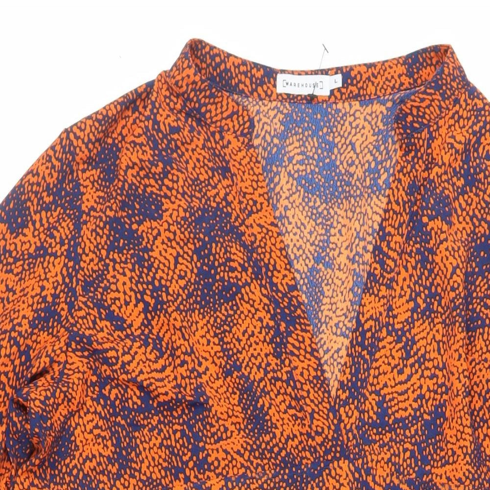 Warehouse Womens Orange Animal Print Polyester Tank Dress Size L V-Neck Pullover - Flare Sleeves