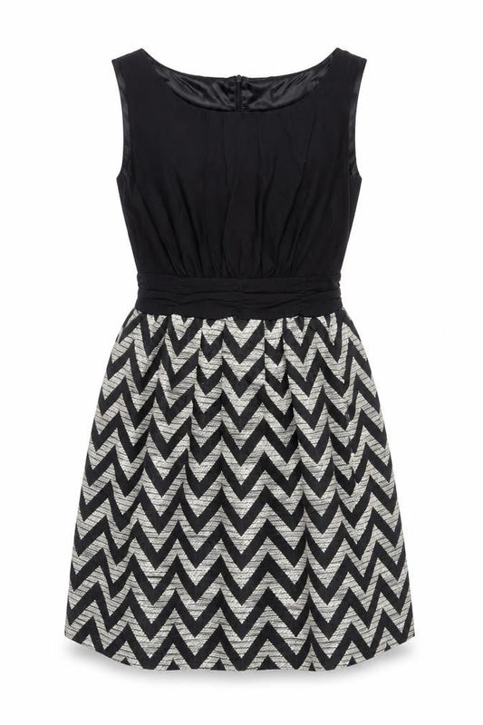 GOLDKID Womens Black Geometric Polyester Fit & Flare Size S Boat Neck Zip