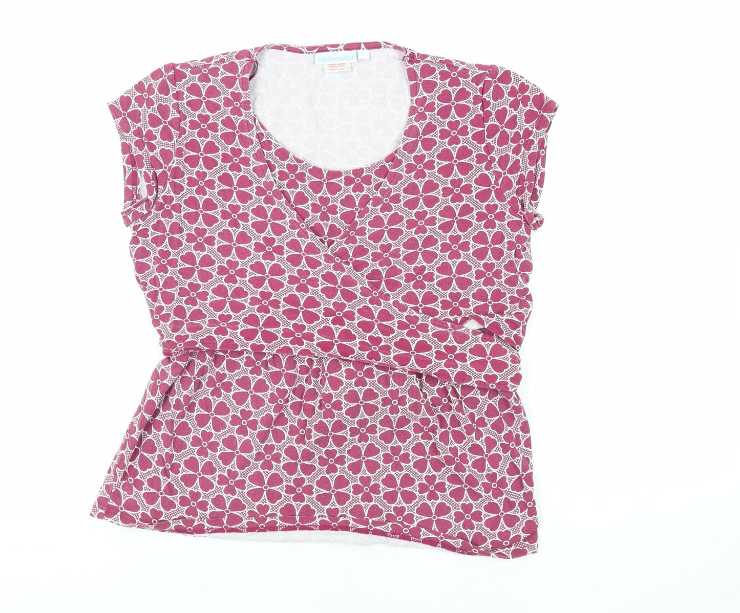 JoJo Maman Bébé Womens Purple Geometric Viscose Basic T-Shirt Size S Round Neck - Wrap Detail