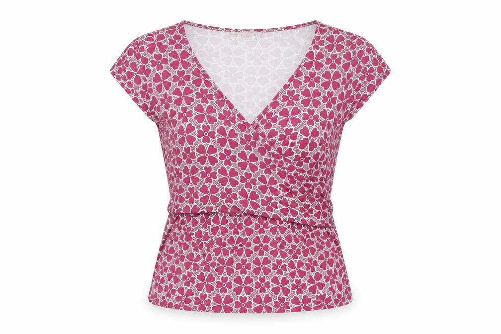 JoJo Maman Bébé Womens Purple Geometric Viscose Basic T-Shirt Size S Round Neck - Wrap Detail