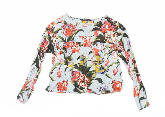 Zara Womens Green Floral Viscose Basic Blouse Size M Boat Neck