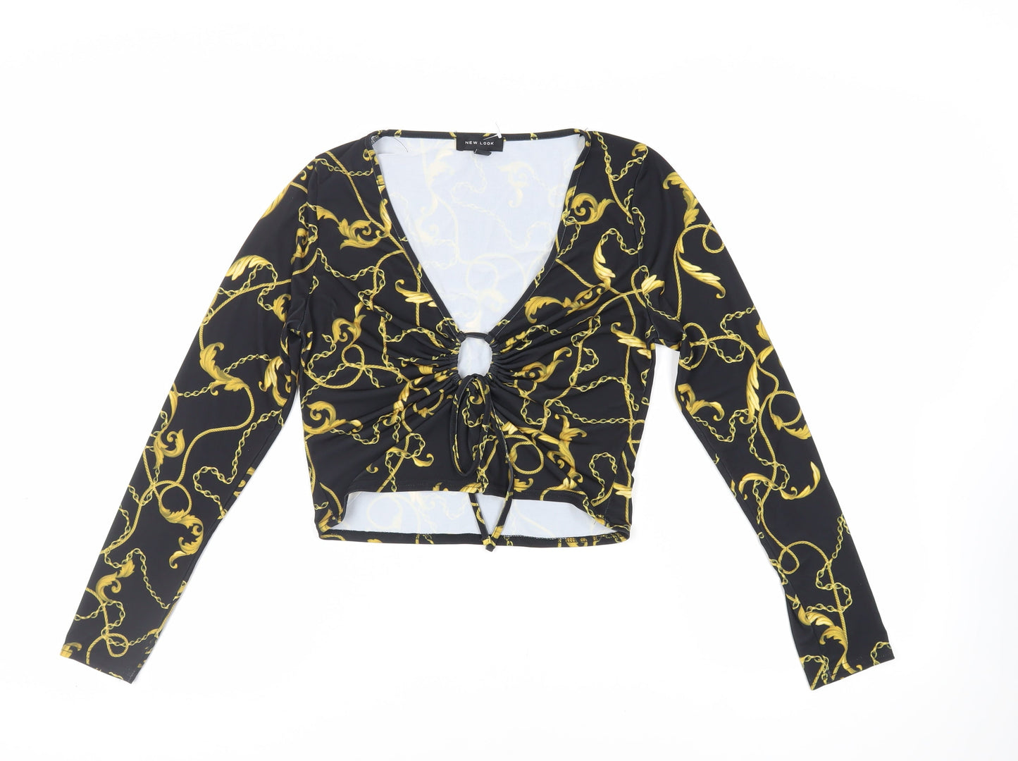 New Look Womens Black Geometric Polyester Cropped Blouse Size 14 V-Neck