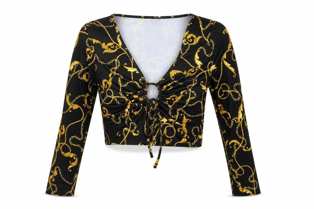 New Look Womens Black Geometric Polyester Cropped Blouse Size 14 V-Neck