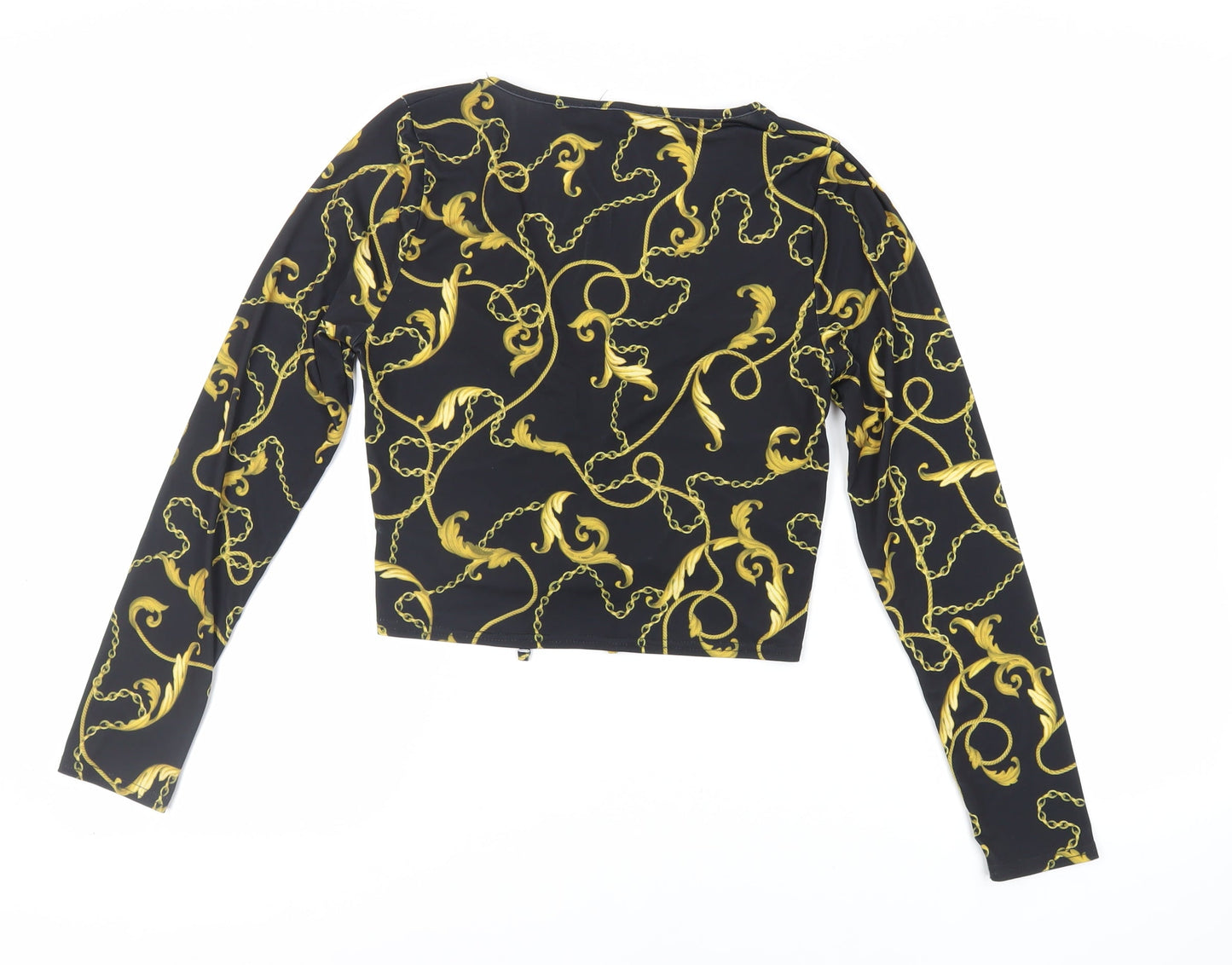 New Look Womens Black Geometric Polyester Cropped Blouse Size 14 V-Neck