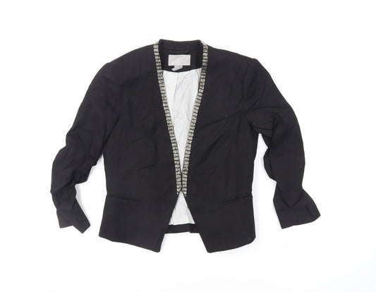 H&M Womens Black Jacket Blazer Size 8 - Open Ruched Sleeve Embellished
