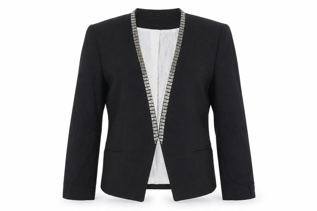 H&M Womens Black Jacket Blazer Size 8 - Open Ruched Sleeve Embellished