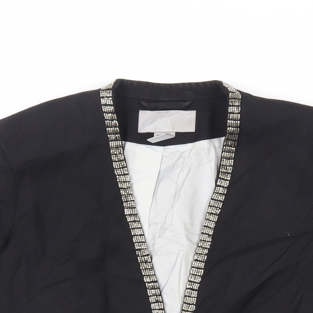 H&M Womens Black Jacket Blazer Size 8 - Open Ruched Sleeve Embellished