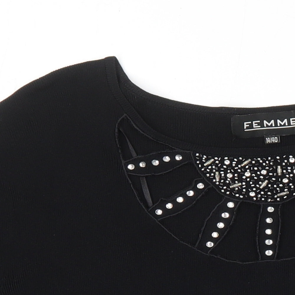 Femme Womens Black Trivinyl Tunic T-Shirt Size 14 Boat Neck