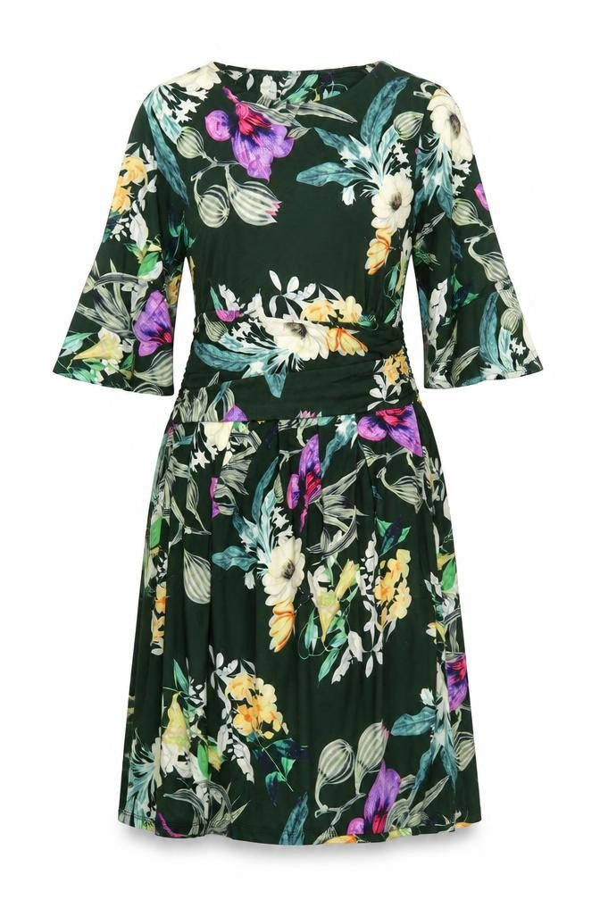 Creation Womens Ivory Floral Polyester A-Line Size 12 Round Neck