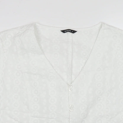 Close-up detail of Roman women’s white polyester basic button-up, size UK 12, v-neck