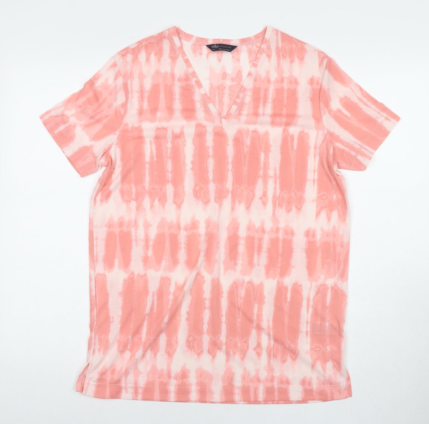 Marks and Spencer Womens Pink Geometric Polyester Basic T-Shirt Size 10 V-Neck