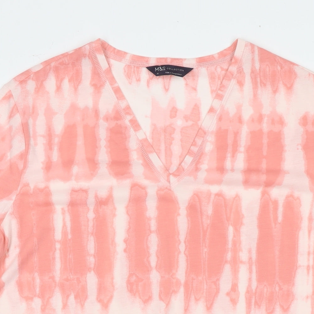 Marks and Spencer Womens Pink Geometric Polyester Basic T-Shirt Size 10 V-Neck