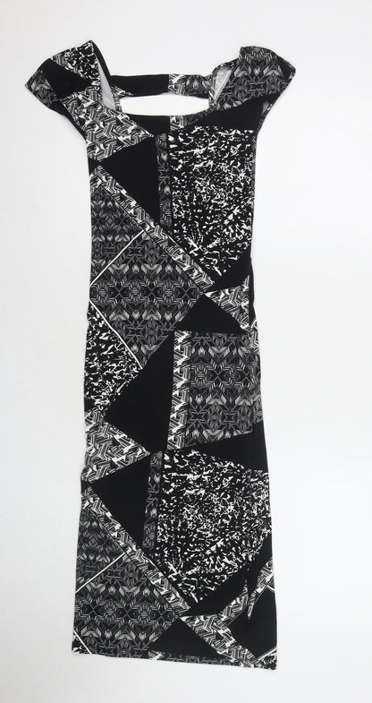 Additional front view of Miss Selfridge women’s black geometric viscose a-line, size UK 8, square neck pullover