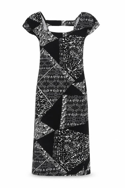 Front view of Miss Selfridge women’s black geometric viscose a-line, size UK 8, square neck pullover