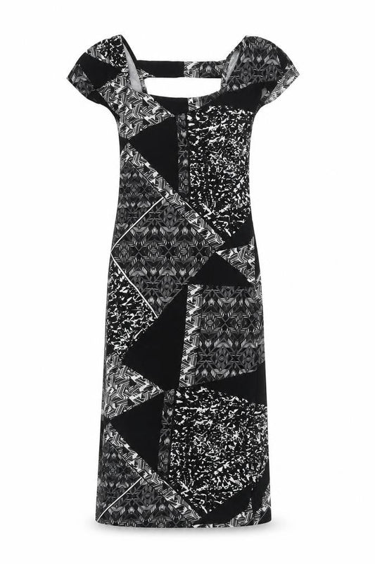 Front view of Miss Selfridge women’s black geometric viscose a-line, size UK 8, square neck pullover