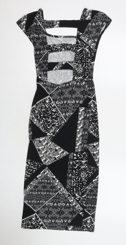 Back view of Miss Selfridge women’s black geometric viscose a-line, size UK 8, square neck pullover