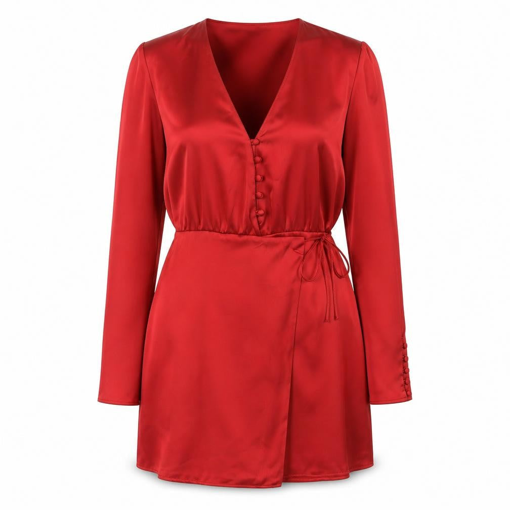 Zara Womens Red Polyester Wrap Dress Size M V-Neck Button