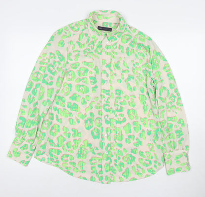 Marks & Spencer Womens Green Animal Print Polyester Basic Button-Up Size 10 Collared - Leopard Print