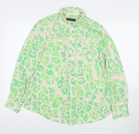 Marks and Spencer Womens Green Animal Print Polyester Basic Button-Up Size 10 Collared - Leopard Print