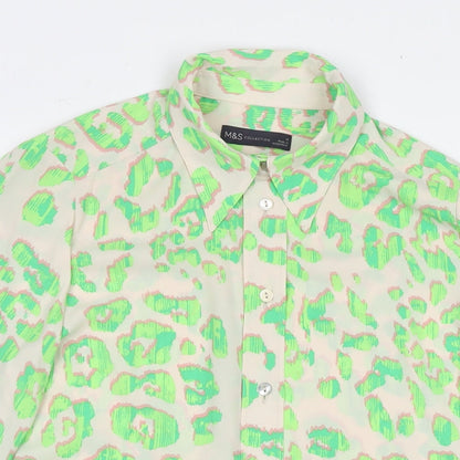 Marks & Spencer Womens Green Animal Print Polyester Basic Button-Up Size 10 Collared - Leopard Print