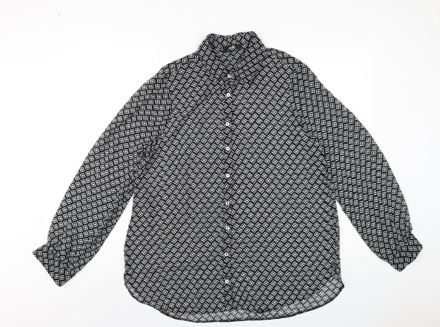 Wallis Womens Black Geometric Polyester Basic Button-Up Size 14 Collared