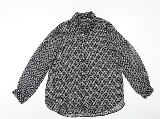 Wallis Womens Black Geometric Polyester Basic Button-Up Size 14 Collared