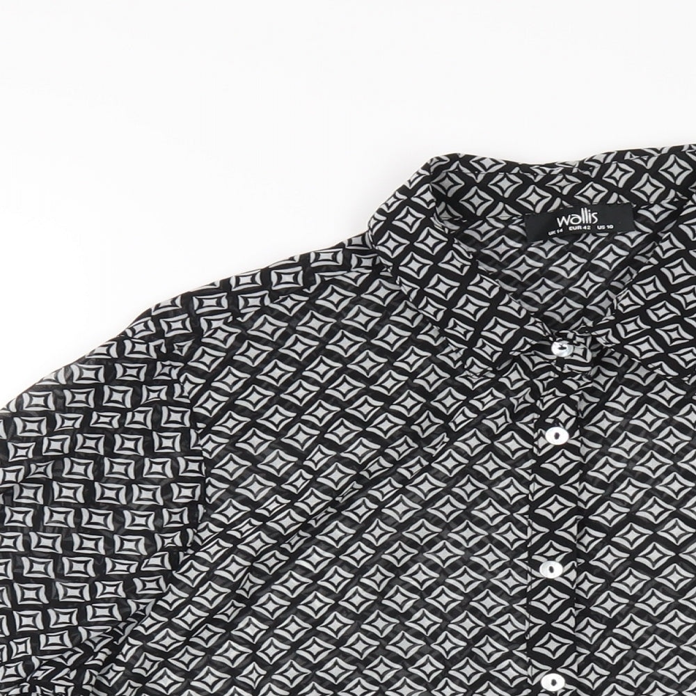Wallis Womens Black Geometric Polyester Basic Button-Up Size 14 Collared