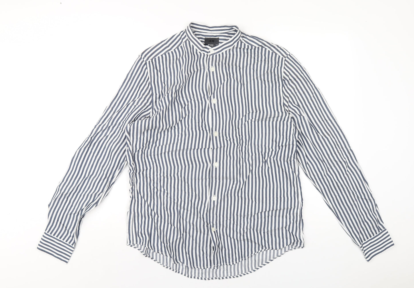H&M Mens Blue Striped Viscose Button-Up Size M Round Neck Button