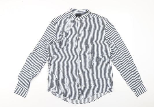 H&M Mens Blue Striped Viscose Button-Up Size M Round Neck Button