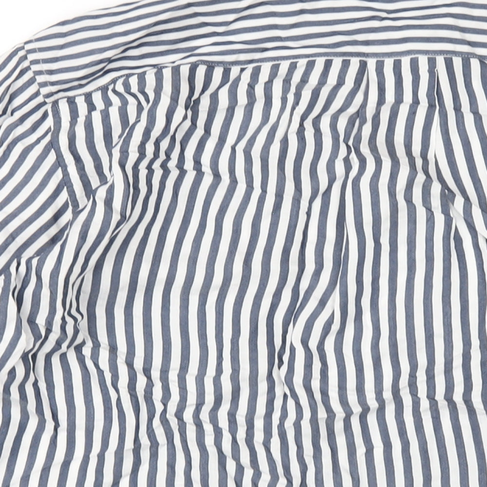 H&M Mens Blue Striped Viscose Button-Up Size M Round Neck Button