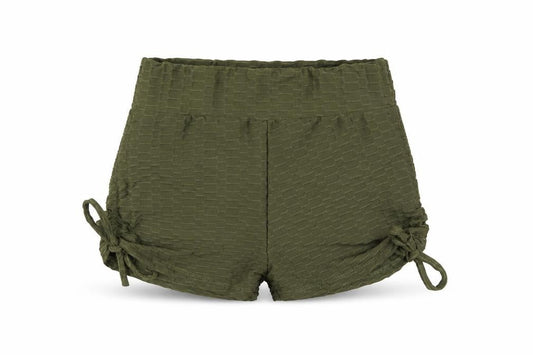 Front view of Originals women’s green polyester hot pants shorts, size L, 3-inch leg regular