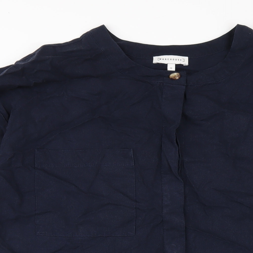 Warehouse Womens Blue Viscose A-Line Size 12 Round Neck Button