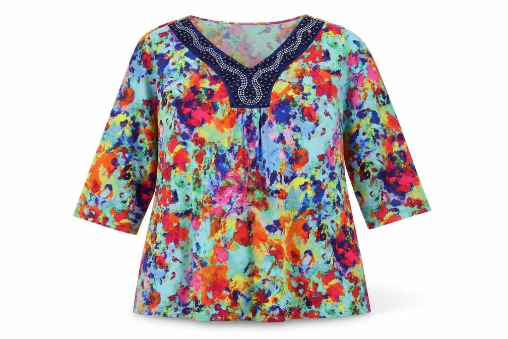 Nina Leonard Womens Multicoloured Polyester Basic T-Shirt Size 2XL V-Neck - Beaded Neckline