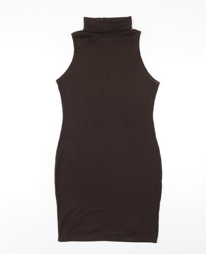 Additional front view of I SAW IT FIRST women’s brown polyester bodycon, size UK 12, roll neck pullover