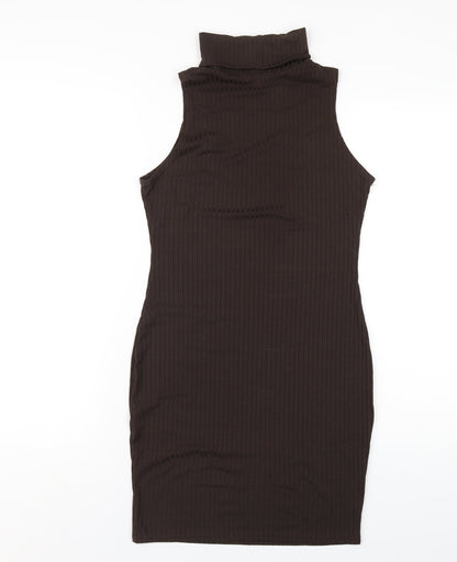 Back view of I SAW IT FIRST women’s brown polyester bodycon, size UK 12, roll neck pullover