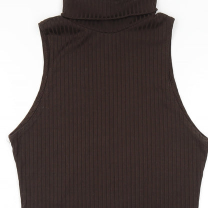 Close-up detail of I SAW IT FIRST women’s brown polyester bodycon, size UK 12, roll neck pullover