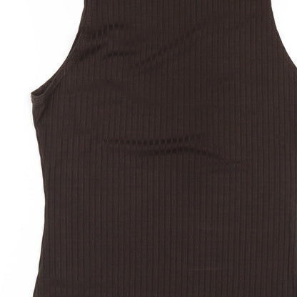 Brand and care label for I SAW IT FIRST women’s brown polyester bodycon, size UK 12, roll neck pullover
