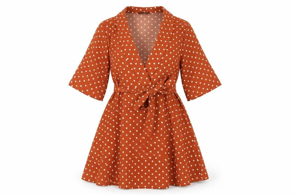 PRETTYLITTLETHING Womens Brown Polka Dot Polyester A-Line Size 8 V-Neck Pullover