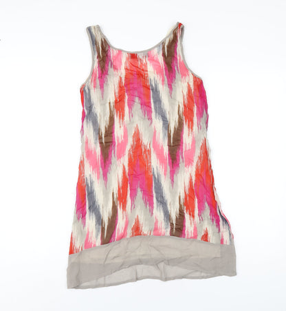Back view of ASOS women’s multicoloured geometric polyester tank dress, size UK 8, scoop neck pullover