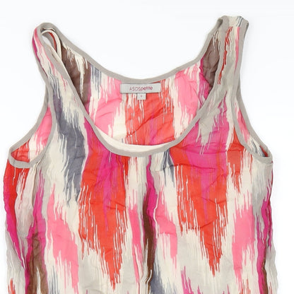 Close-up detail of ASOS women’s multicoloured geometric polyester tank dress, size UK 8, scoop neck pullover