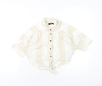 Additional front view of BDG women’s beige check linen cropped button-up, size XS, collared
