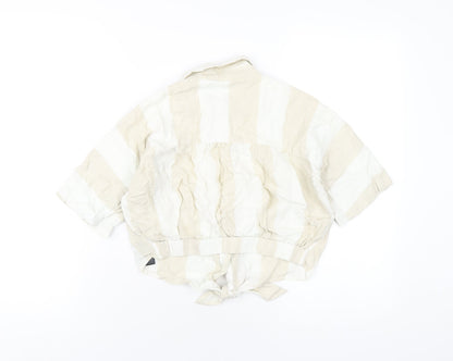 Back view of BDG women’s beige check linen cropped button-up, size XS, collared