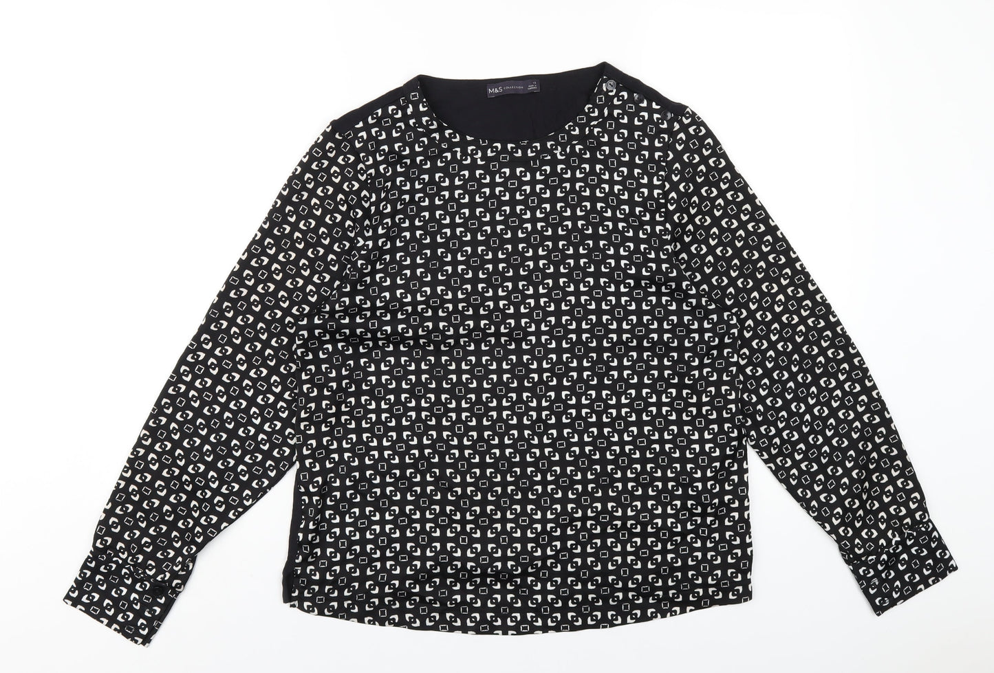 Marks and Spencer Womens Black Geometric Polyester Basic T-Shirt Size 10 Round Neck