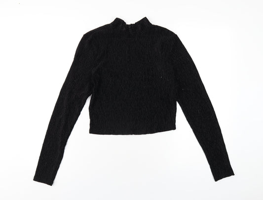 H&M Womens Black Polyester Cropped T-Shirt Size M Mock Neck