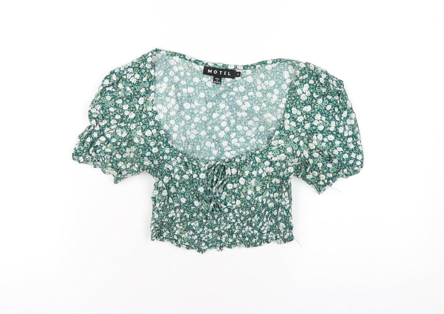 Motel Womens Green Floral Viscose Cropped T-Shirt Size S Scoop Neck