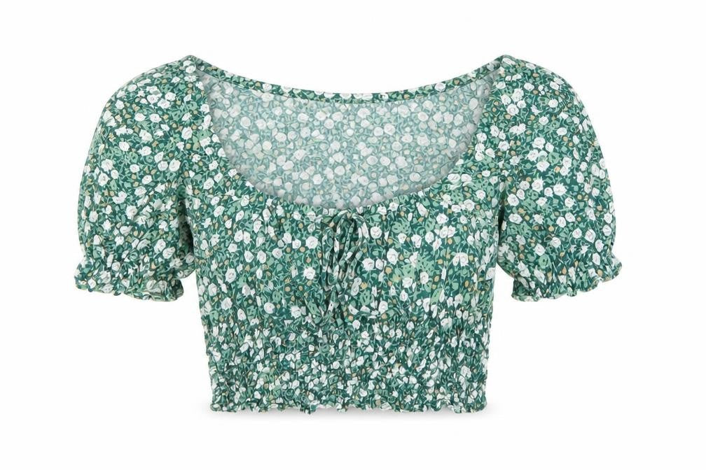 Motel Rocks Womens Green Floral Viscose Cropped T-Shirt Size S Scoop Neck