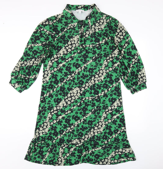 Warehouse Womens Green Floral Polyester A-Line Size S Collared Button