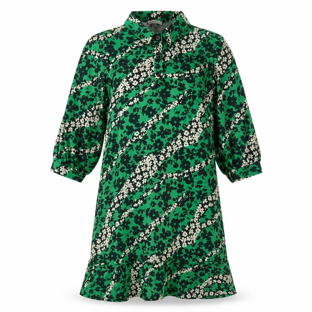 Warehouse Womens Green Floral Polyester A-Line Size S Collared Button