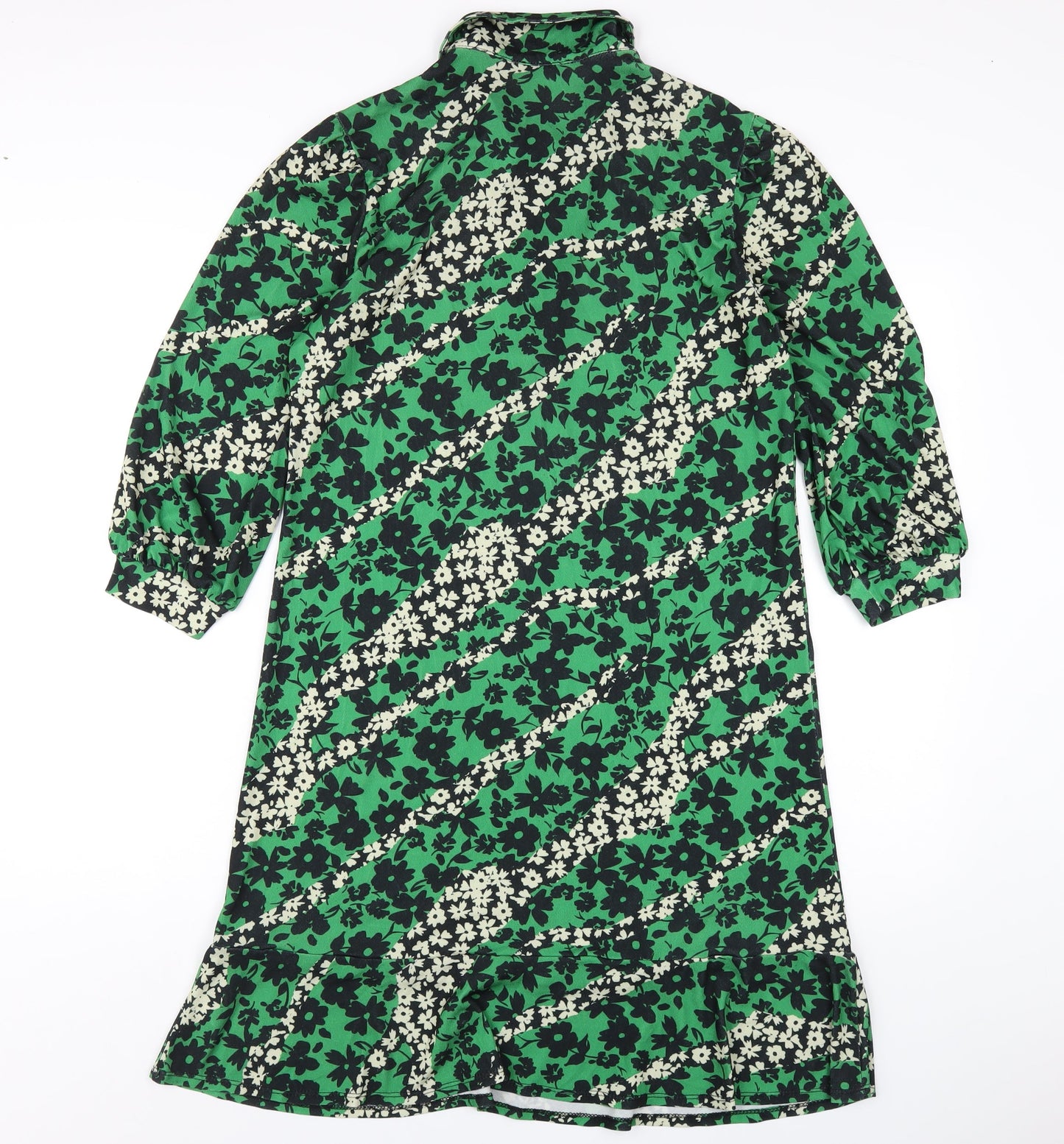 Warehouse Womens Green Floral Polyester A-Line Size S Collared Button