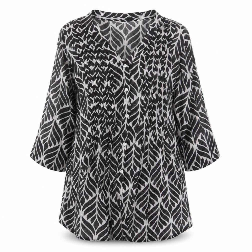 Newport Mansions Womens Black Geometric Polyester Basic Blouse Size S V-Neck - S/M